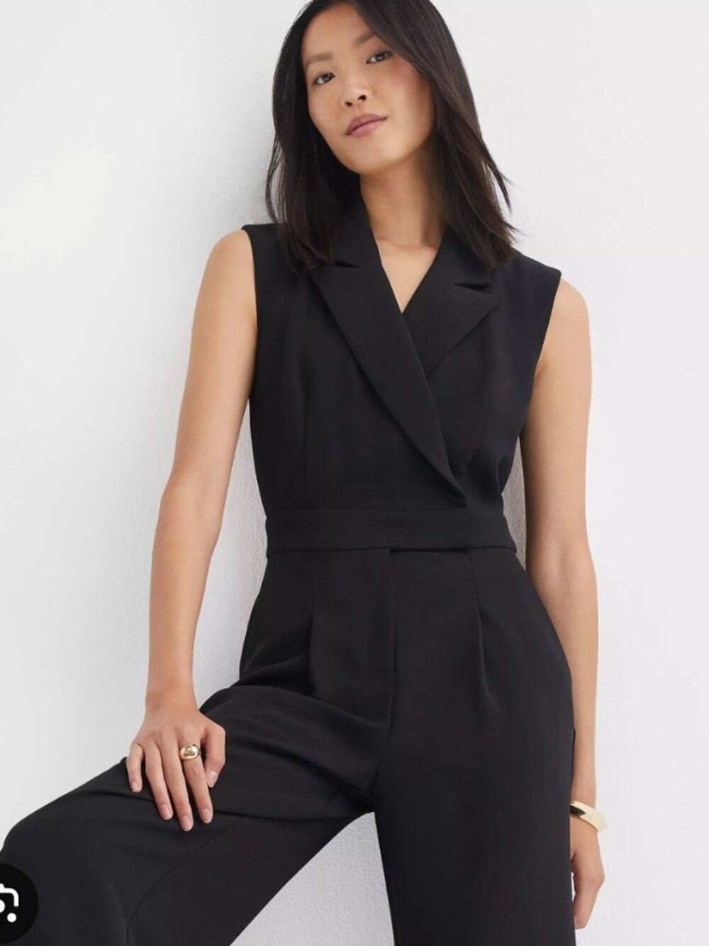 Loft Crepe Lapel Black Wide Leg Jumpsuit Size 6P Career Office Event